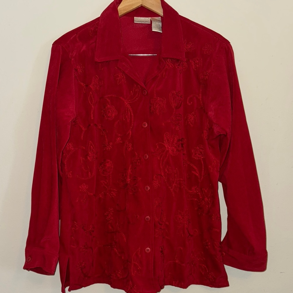 Vintage Women’s Koret Red Embroidered Floral Button Down Blouse w/ shoulder pads